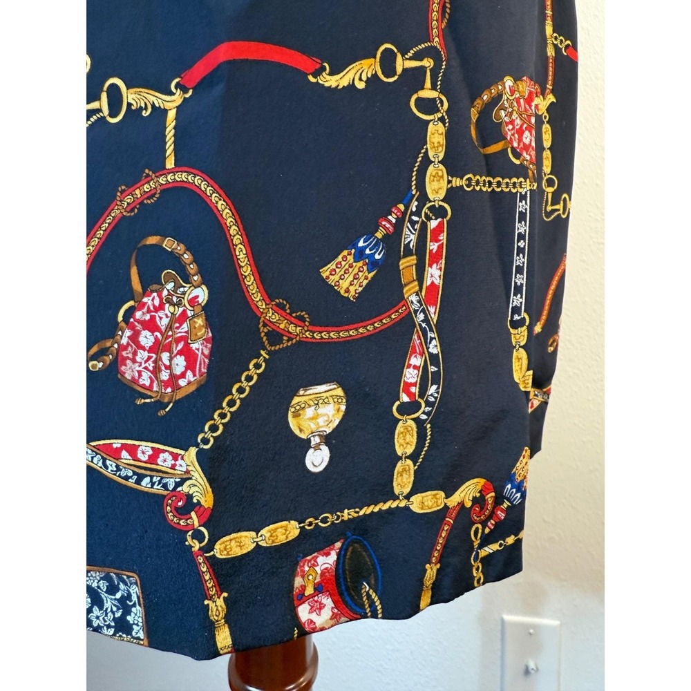 Petite Sophisticate Silk Skirt Size 6 Navy Blue Gold Chain Print Vintage - Picture 5 of 6